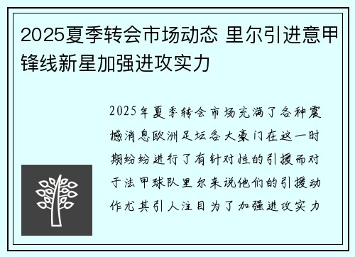2025夏季转会市场动态 里尔引进意甲锋线新星加强进攻实力